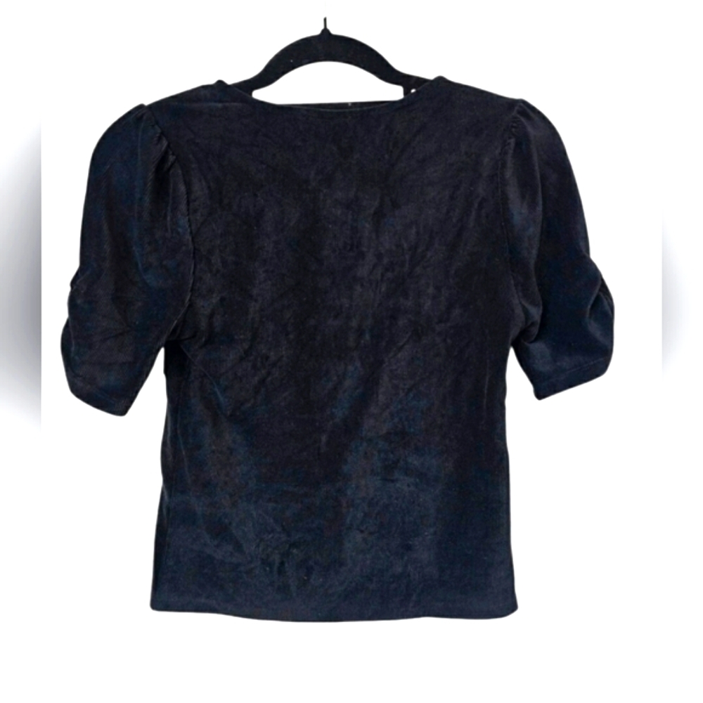NEW American Rag Top Black Velvet Ribbed Ruched Short Sleeves Blouse Vneck Soft - Picture 4 of 14